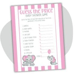 pink elephant themed baby shower game called guess the price