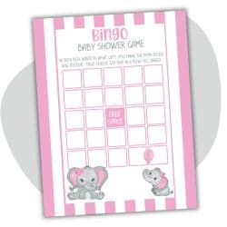 pink elephant themed baby shower bingo