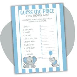 blue elephant themed baby shower game called guess the price