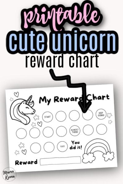 black and white unicorn reward chart with text saying "printable cute unicorn reward chart"